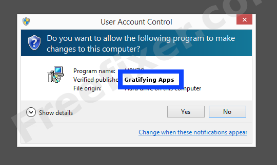 Screenshot where Gratifying Apps appears as the verified publisher in the UAC dialog
